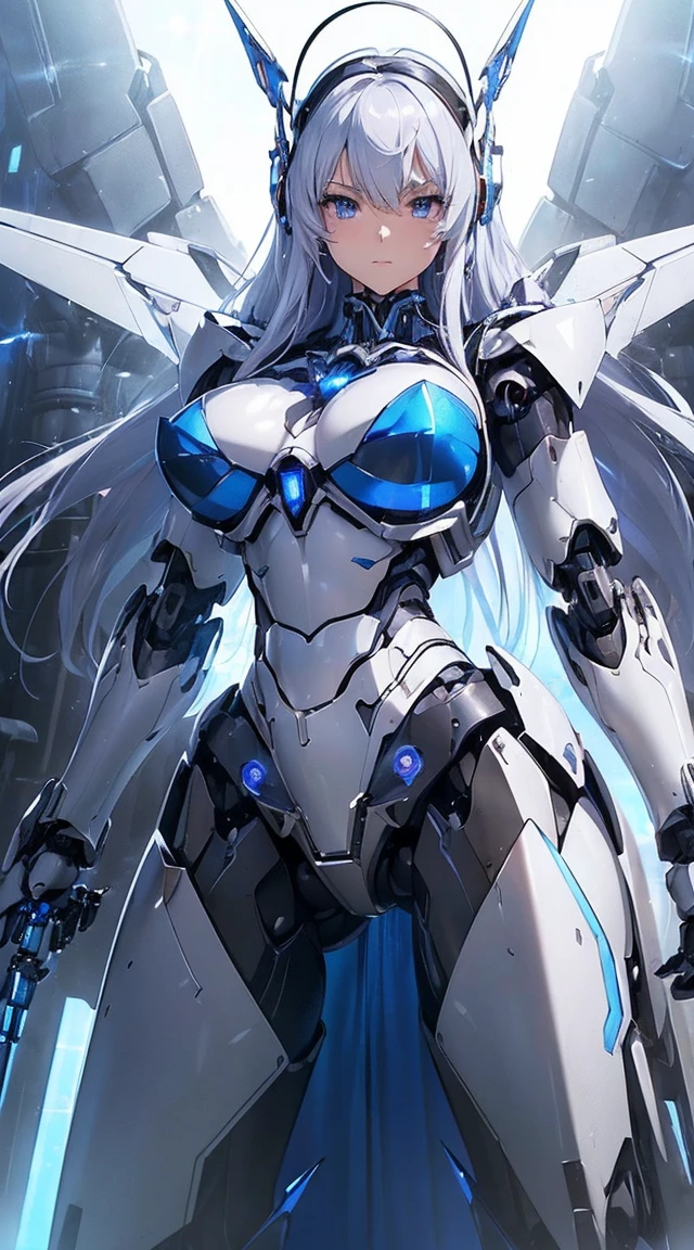 ((Intense action pose:1.6))、((Shining lenses on both breasts:1.3))、((Blue pillars of light are emanating from both chests.:1.3))、smile、((8K)), ((32k)), ((Highest quality)), ((masterpiece)), ((超A high resolution)), ((Tmasterpiece)), ((Halation:1.4))、((Mechaニカルheadgear:1.2))、((Cyber headphones:1.3))、Fine skin, High quality fabric, Fine metal texture、((Beautiful and dense face))、RAW Photos、Professional, Ultra-fine painting, ((alone)), Beautiful breasts、Highest quality, Very detailed, Very detailed詳細, Finer details, so beautiful, ((Princess Knight Robot:1.2)), (Joints of machines, Mechanical Limbs:1.3), (The internal structure of the machine is exposed:1.3), (Long silver hair:1.1), (Beautiful and huge mechanical breasts)、White Veil, cowboy_shot, Side Focus, headgear, Shiny、(Five Fingers, Four fingers and thumb),Concept Art, Anime fantasy artwork, Detailed fantasy art, (with pale blue-violet hair and large white wings,,,,,,,), (((Long silver hair))), (Mecha:1.6)、Sleek and intimidating design, ((Commander-in-Chief'arm)), (Perfect robot body)、純白と青紫armまたは, Symmetrical wings, 8K high quality, detailed art, 3D rendering of character art in 8K, neat legs, Defined, Defined fingers,