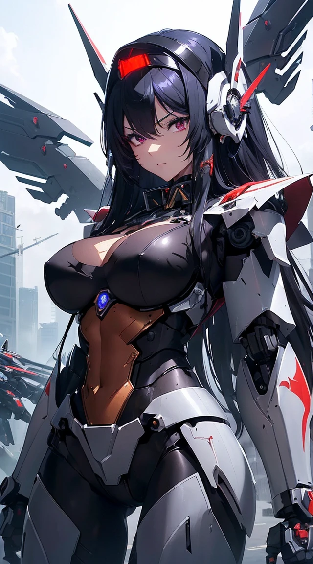 ((Shining lenses on both breasts:1.3))、((Pillars of red light radiate from both chests..:1.3))、((Attack pose:1.6))、((He has a red sword and a long rifle:1.6))、((Battle Scenes:1.8))、((8K)), ((32k)), ((Highest quality)), ((masterpiece)), ((超A high resolution)), ((Tmasterpiece)), ((Halation:1.4))、((Mechaニカルheadgear:1.2))、((Cyber headphones:1.3))Fine skin, High quality fabric, High-quality metal texture、((Beautiful and dense face))、RAW Photos、Professional, Ultra-fine painting, ((alone)), Beautiful breasts、Highest quality, Very detailed, Very detailed詳細, Finer details, so beautiful, ((Black Knight Robot:1.2)),  (Joint of the machine, Mechanical Limbs:1.3), (The internal structure of the machine is exposed:1.3), (Long black hair:1.1), (Beautiful and huge mechanical breasts)、White Veil, cowboy_shot, Side Focus, headgear, Shiny、(Five Fingers, Four fingers and thumb),Concept Art, Anime fantasy artwork, Detailed fantasy art, (Has light blue-purple hair and black wings,,,,,,), (((Long black hair))), (Mecha:1.6)、Sleek and intimidating design,  (Jet black perfect robot body)、Jet black and reddish purple arms, Symmetrical wings, 8K High Resolution, Detailed Art, 3D rendering of character art in 8K, neat legs, Defined, Defined fingers,((headshot:1.6))