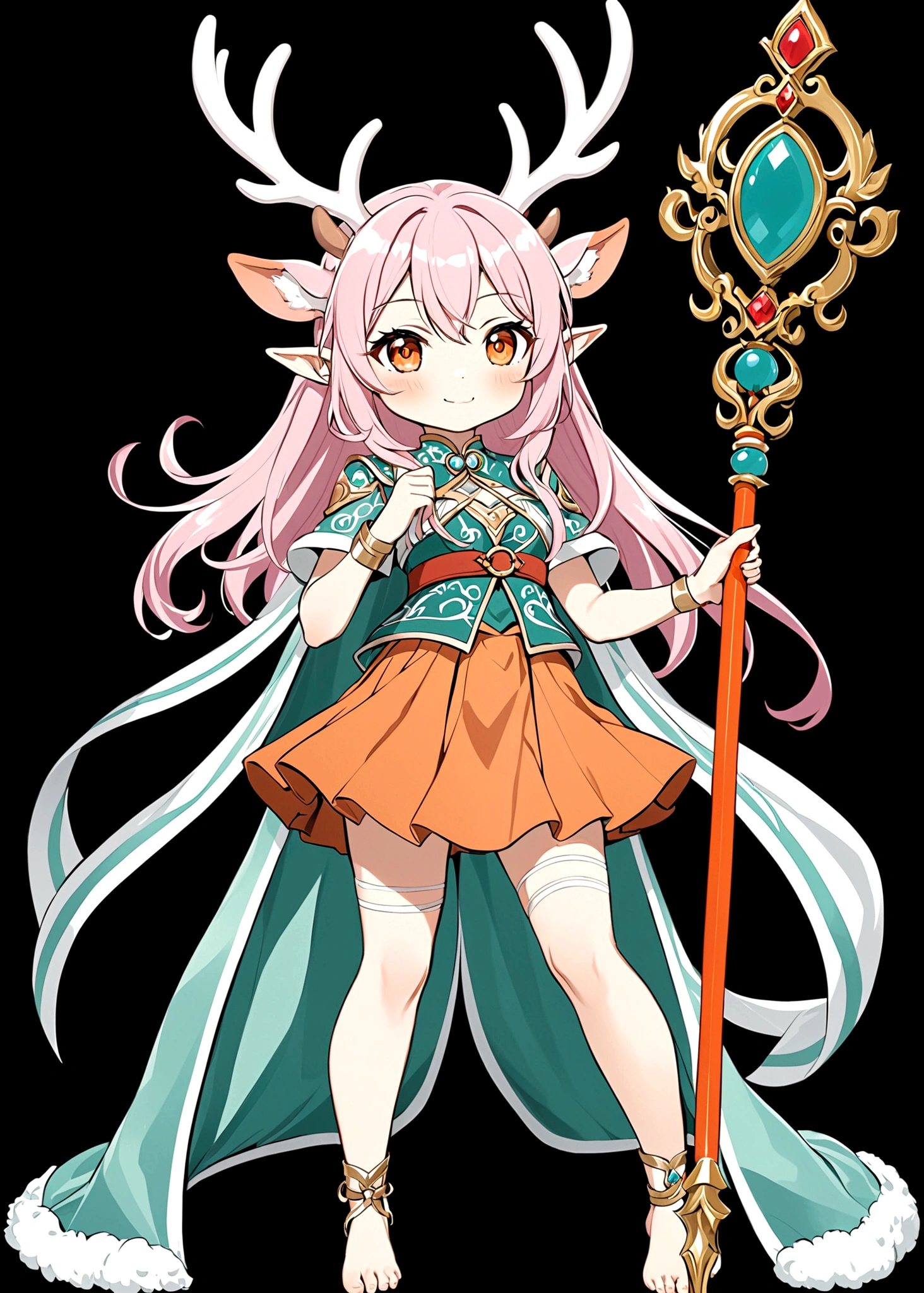 Honor of Kings game characters,Cartoon anime style,beautiful girl,Fluffy pink hair,antlers,Elf ears,Short orange skirt,Scepter,Standing barefoot,Foot ring。(((Correct human anatomy))),White background。dynamic