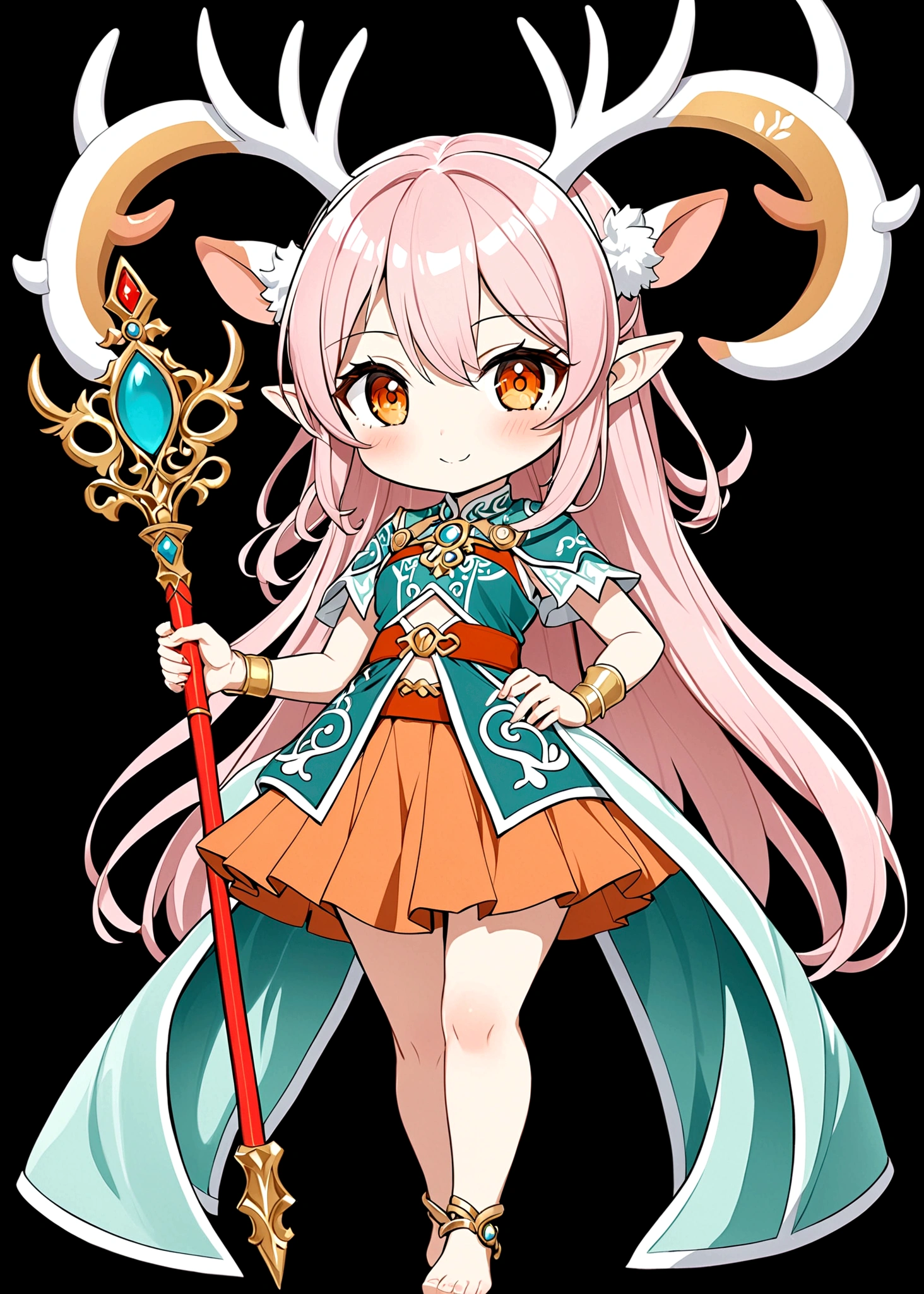 Honor of Kings game characters,Cartoon anime style,beautiful girl,Fluffy pink hair,antlers,Elf ears,Short orange skirt,Scepter,Standing barefoot,Foot ring。(((Correct human anatomy))),White background。dynamic