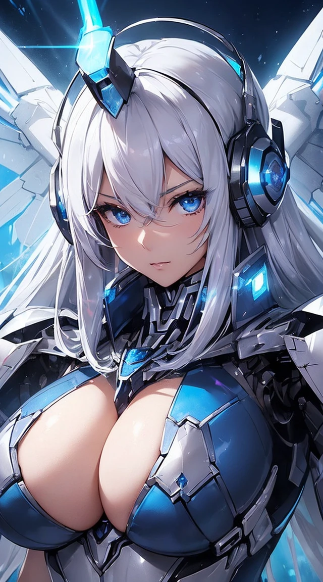 ((Extreme close up:1.6))、(((Lenses shining on both breasts:1.3)))、((Blue pillars of light radiate from both of his chests..:1.3))、break、(((Dynamic pose:1.8)))、smile、((8K)), ((32k)), ((Highest quality)), ((masterpiece)), ((超A high resolution)), ((Tmasterpiece)), ((Halation:1.4))、((Mechaニカルheadgear:1.2))、((Cyber headphones:1.3))Fine skin, High quality fabric, High-quality metal texture、((Beautiful and dense face))、RAW Photos、Professional, Ultra-fine painting, ((alone)), Beautiful breasts、Highest quality, Very detailed, Very detailed詳細, Finer details, so beautiful, ((Princess Knight Robot:1.2)),  (Joint of the machine, Mechanical Limbs:1.3), (The internal structure of the machine is exposed:1.3), (Long silver hair:1.1), (Beautiful and huge mechanical breasts)、White Veil, cowboy_shot, Side Focus, headgear, Shiny、(Five Fingers, Four fingers and thumb),Concept Art, Anime fantasy artwork, Detailed fantasy art, (with pale blue-violet hair and large white wings,,,,,,,,), (((Long silver hair))), (Mecha:1.6)、Sleek and intimidating design, ((Commander-in-Chief&#39;arm)), (Perfect robot body)、純白と青紫のarmまたは, Symmetrical wings, 8K High Resolution, Detailed Art, 3D rendering of character art in 8K, neat legs, Defined, Defined fingers,((headshot:1.3))