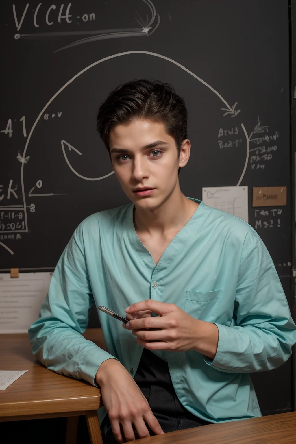 A young beautiful doctor, a twink, a cute male, with a face with make-up on, and he is wearing a long-sleeved aquamarine shirt and black jeans. He is in his luxurious scientific office, and behind him is a blackboard on which neurons and calculus are written, and he looks in amazement and shock, and his eyes have dark circles underneath them, and he is there.  Black hair and a red face with makeup