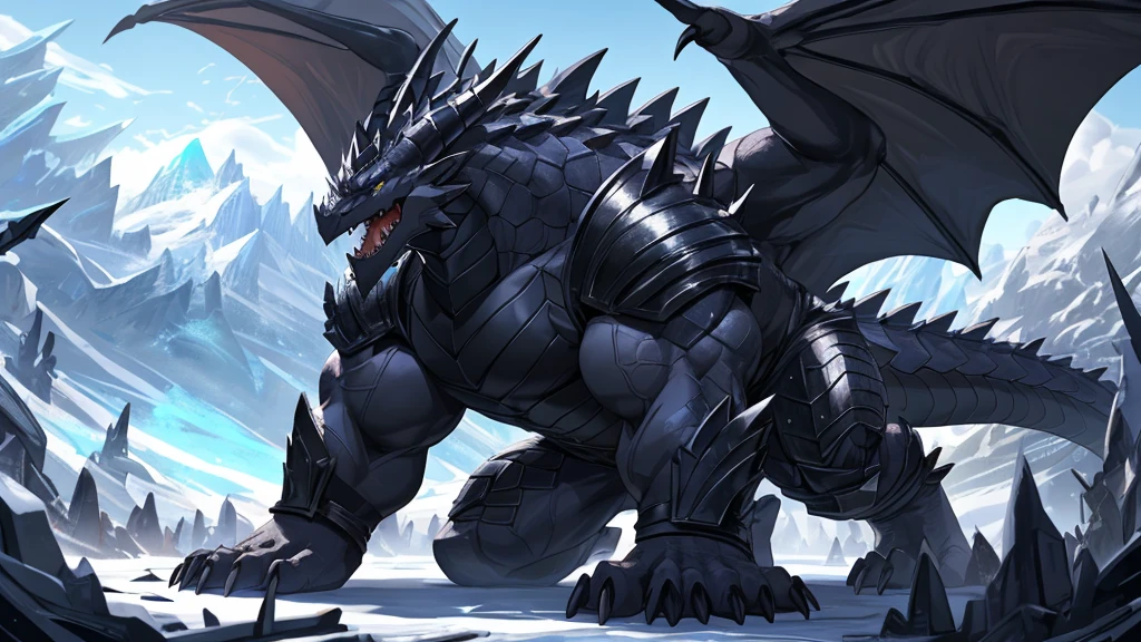 (The tyrannical and powerful Black Dragon King，Modern black and gold armor：2)，(Large dragon body，Huge size，Majestic wingspan，Sharp thorns，Huge dragon claw，Huge paws，Thick dragon tail，The huge black dragon king，Black dragon：2)，Strong physique，beefy pectorals，(Blue ice flame，Get on all fours：2)，Brutal Behemoth，war，glacier，Dragon God，Overwhelming presence，Full body picture，Very detailed，4k HD，HD Wallpapers