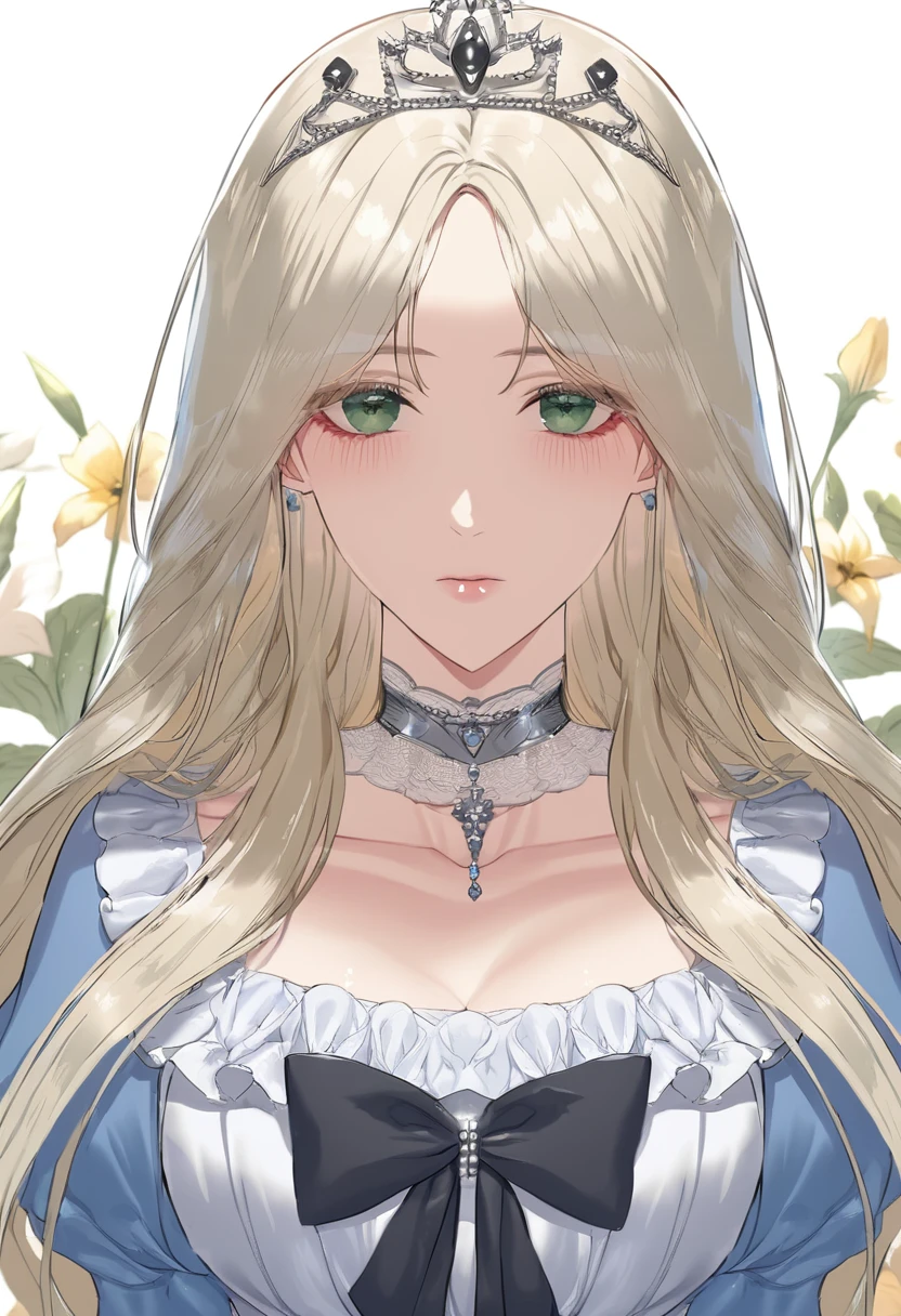 sexy-style, floral background, romance manhwa, (2girls, aligned), silver hair, blonde hair, solo, long hair, flower, dress, tiara, white dress, gloves, long sleeves, choker, green eyes, red eyes, mascara, makeup, white gloves, black bow, black flower, wavy hair, bow, jewelry, looking at viewer, white background, collarbone, puffy sleeves, silver accessories, upper body, parted bangs, very long hair, blue dress, frills, bangs, closed mouth, detailed eyes, (close up), gleaming skin, shiny glossy skin