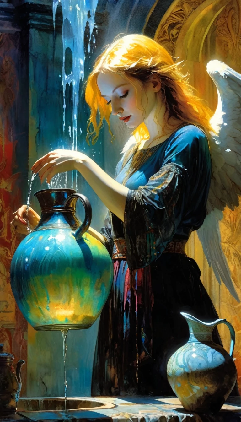 angelic woman, passing water from jug to jug, Bill Sienkiewicz, vibrant colors, intricate details, oil painting, photorealistic, 8k, highly detailed, cinematic lighting, dramatic composition, chiaroscuro, classical realism, gothic, fantasy, magical realism
