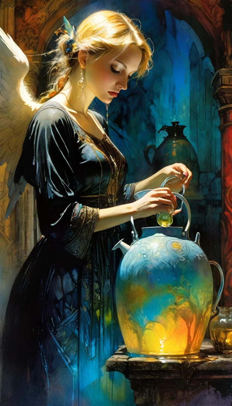 angelic woman, passing water from jug to jug, Bill Sienkiewicz, vibrant colors, intricate details, oil painting, photorealistic, 8k, highly detailed, cinematic lighting, dramatic composition, chiaroscuro, classical realism, gothic, fantasy, magical realism