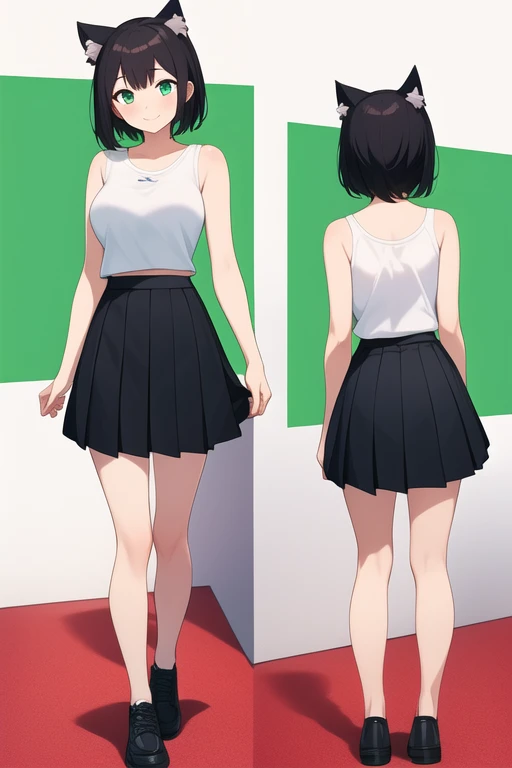((best quality)), ((masterpiece)), (detailed), 1girl, medium sized breasts, feminine short hair, black hair, gorgeous women, cat ears, green eyes, vertical slit pupils, medium sized skirt, black skirt, sport bra, female t-shirt, white shirt, short shirt, sleeveless shirt, university campus background, smiling expression, wide shot, full body, standing, front shot, blue sky