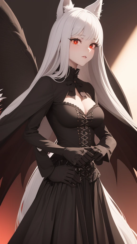 A beautiful girl with cat ears, a furry cat tail, and long white hair, wearing a gothic dress. She has a white furry tail with a brown tip, bat wings, and red eyes. Her slender body has large breasts. (best quality,4k,8k,highres,masterpiece:1.2),ultra-detailed,(realistic,photorealistic,photo-realistic:1.37),1girl, detailed facial features, beautiful detailed eyes, beautiful detailed lips, extremely detailed face and eyes, long eyelashes, elegant gothic dress, furry cat ears, furry white tail with brown tip, bat wings, red eyes, slender body, large breasts, fantasy, dark fantasy, gothic, detailed background