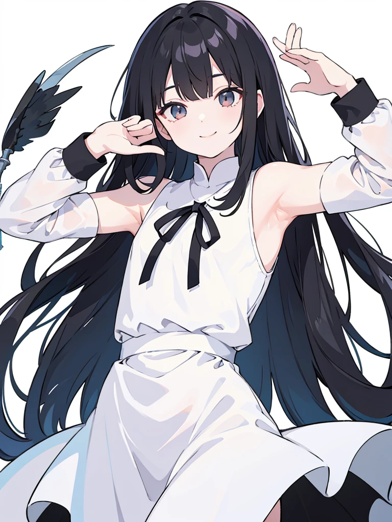 Long black hair White dress Raising his arms to show his armpits smile