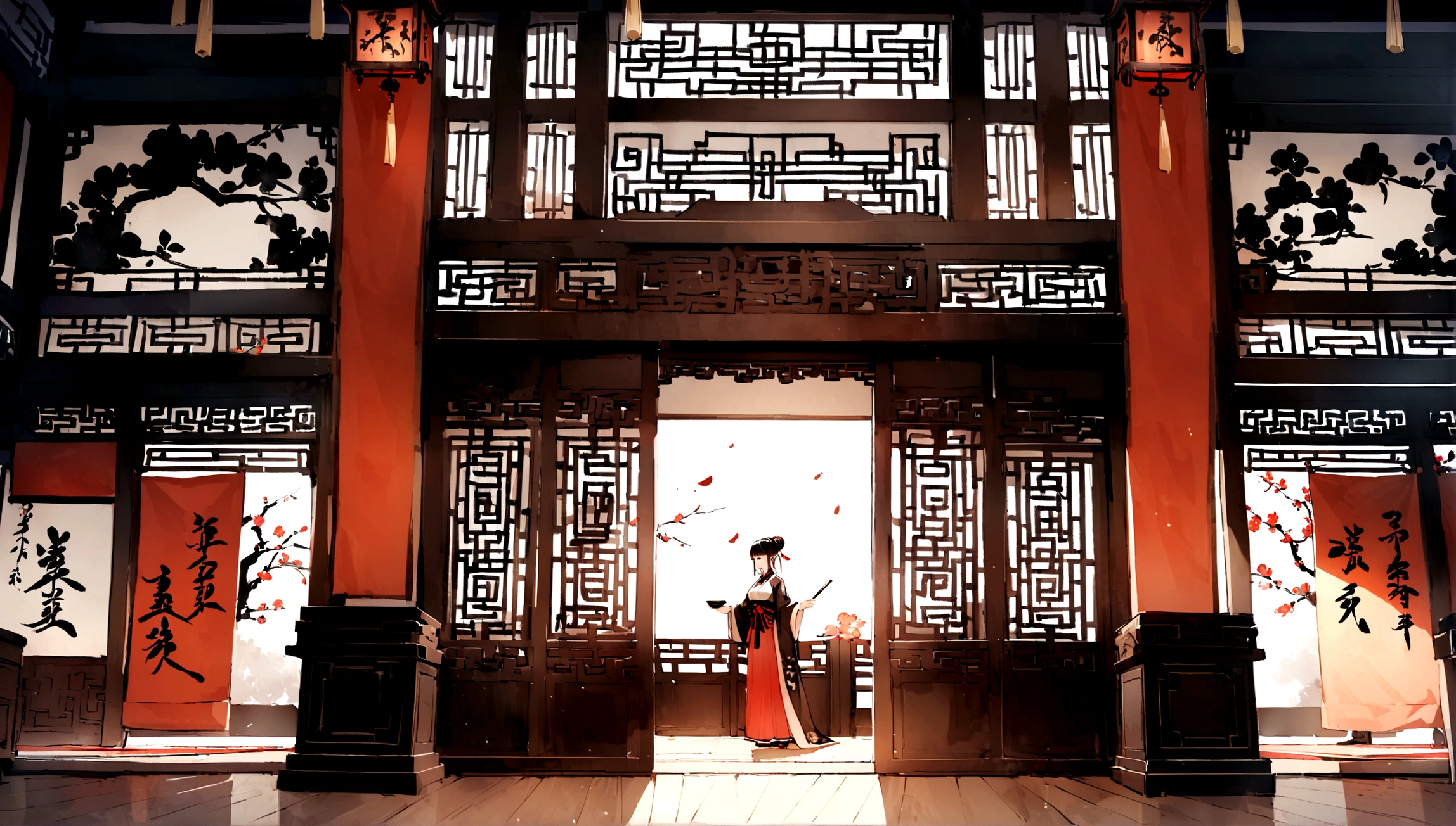 Chinese Go,Chinese Go,Chinese Go,Chinese Go,Chinese Go,The core area of the Go Hall,Magnificent,The interior decoration is full of traditional Chinese elements,Ink Painting,calligraphy,Classical furniture,classic architecture,殿堂中央设有大型虚拟Chinese Gocheckerboard,围棋checkerboard,围棋checkerboard,Incorporating a lot of Go elements,checkerboard,piece,Game,漂浮的piece,