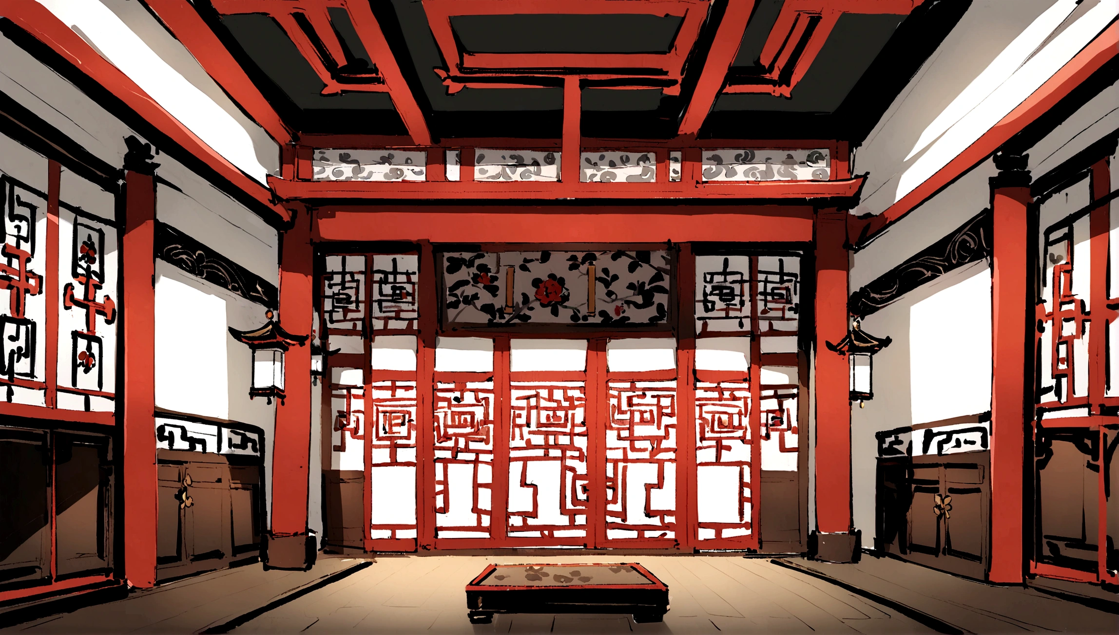 Chinese Go，Chinese Go，Chinese Go，Chinese Go，Chinese Go，The core area of the Go Hall，Magnificent，The interior decoration is full of traditional Chinese elements，Ink Painting，calligraphy，Classical furniture，classic architecture，殿堂中央设有大型虚拟Chinese Gocheckerboard，围棋checkerboard，围棋checkerboard，Incorporating a lot of Go elements，checkerboard，piece，Game，漂浮的piece，