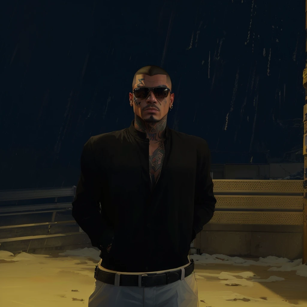 there is a man standing in the snow wearing sunglasses, gta 5 artwork style, style of gta v, gta v character, gta 5 mexican skin tone, realistic artwortk stlye, a member of a latin-american mafia, cool, bulldog vibe, semi-pro boxer, snob, ultra high quality, cinematic colors, realistic things, tattoos on the face and on the body, slim chad face, buzzcut, dangerous attitude, VISIBLE DRAGON TATTOO AROUND THE RIGHT EYE, DRIP TATTOO UNDER THE LEFT EYE, mafia style, latin-american mafia boss