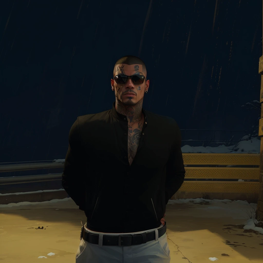 there is a man standing in the snow wearing sunglasses, gta 5 artwork style, style of gta v, gta v character, gta 5 mexican skin tone, realistic artwortk stlye, a member of a latin-american mafia, cool, bulldog vibe, semi-pro boxer, snob, ultra high quality, cinematic colors, realistic things, tattoos on the face and on the body, slim chad face, buzzcut, dangerous attitude, VISIBLE DRAGON TATTOO AROUND THE RIGHT EYE, DRIP TATTOO UNDER THE LEFT EYE, mafia style, latin-american mafia boss