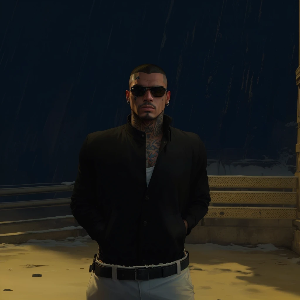 there is a man standing in the snow wearing sunglasses, gta 5 artwork style, style of gta v, gta v character, gta 5 mexican skin tone, realistic artwortk stlye, a member of a latin-american mafia, cool, bulldog vibe, semi-pro boxer, snob, ultra high quality, cinematic colors, realistic things, tattoos on the face and on the body, slim chad face, buzzcut, dangerous attitude, VISIBLE DRAGON TATTOO AROUND THE RIGHT EYE, DRIP TATTOO UNDER THE LEFT EYE, mafia style, latin-american mafia boss