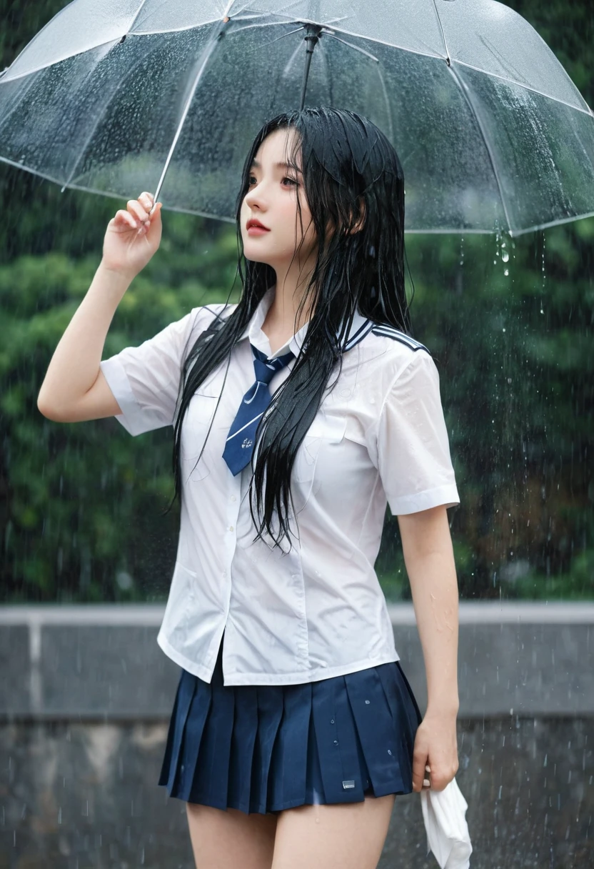 1girl, long black hair, uniform, shy, blush, wet, rain, transparent, (masterpiece, best quality), soft light, cinematic composition, cinematic light、Short-sleeved white shirt and navy blue miniskirt、My shirt got wet from the rain and my underwear was visible