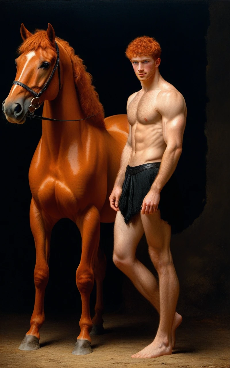 ((1 man wearing small black loincloth, STANDING NEXT TO A ORANGE HORSE in a complete negative black space, smiling, focused gaze)) in henry scott tuke and Peter Paul Rubens art style, ultra detailed, ultra realistic, ambient lighting, becoming the subject composition, soft neutral colors, perfect components layout, divine proportions, wide angle, fullbody, in henry scott tuke art style, ultradetailed, ultrarealistic, 8k resolution, HD, a red head, hairy, slighly hairy body, slender, detailed eyes, detailed feet, detailed nose, detailed lips, detailed chin, detailed ears, detailed muscles, blue eyes, shirtless, barefoot, handsome, masculine, detailed feet, detailed hands, gorgeous, young man he is sad, STANDING NEXT TO A ORANGE HORSE, masterpiece, pricewinner, madoka_magica ((background black negative space)