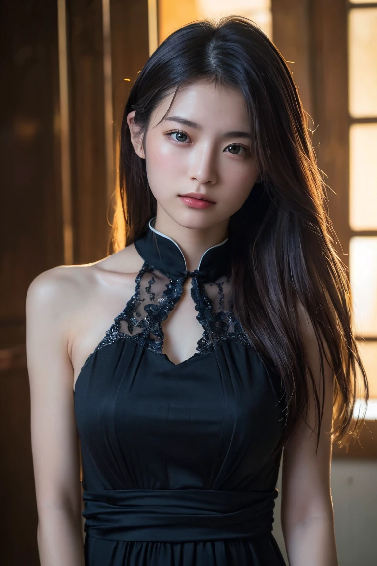 (Highest quality:1.4),(masterpiece:1.4),(Realistic:1.4),(Realistic:1.2),(超High resolution, RAW Photos:1.4),(High resolution, Ultra-detailed:1.2),(8K:1.2),Movie Photos,a photo of a dark-haired,One girl,alone,wear ,((China dress))、((Upper Body:1.3))