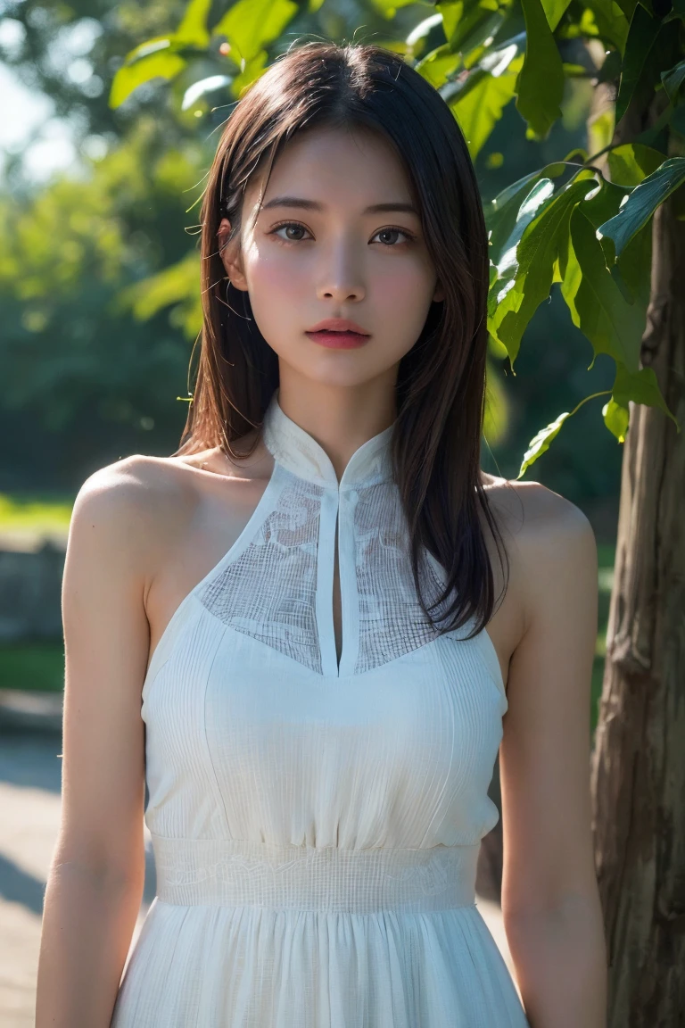 (Best Quality, masutepiece, Ultra HD: 1.3), 1womanl, (middlebreasts), light black hair, Blunt bangs, hair behind ear, hair over shoulder, (Long hair),( slender body shape), (Ultra Fine Face), Delicate lips,(beautidful eyes), thin blush, Black eyes, (perfect glossy skin, flawless skin, Glistening sweat:1.3),鎖骨, View here, hide one's hands, White tops, White tight skirt, (Wet:1.5),bustshot,Broad-leaved forest