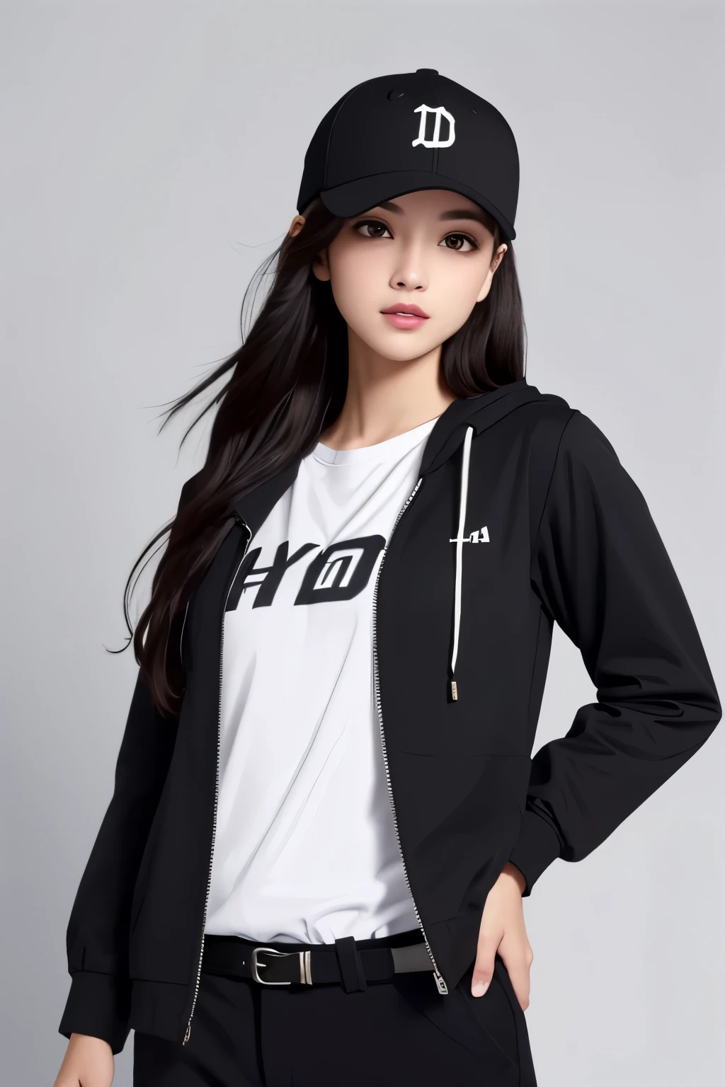 ((HRD, HUD, 8K)),((masterpiece, best quality)), highly detailed, 1girl, solo, hat, baseball cap, black headwear, hat, baseball cap, black headwear,black hair, long hair, brown eyes, lips,jacket, hood, long sleeves, black shirt, shirt, open clothes, belt, pants, black pants, simple background, grey background, upper body, standing, looking at viewer,