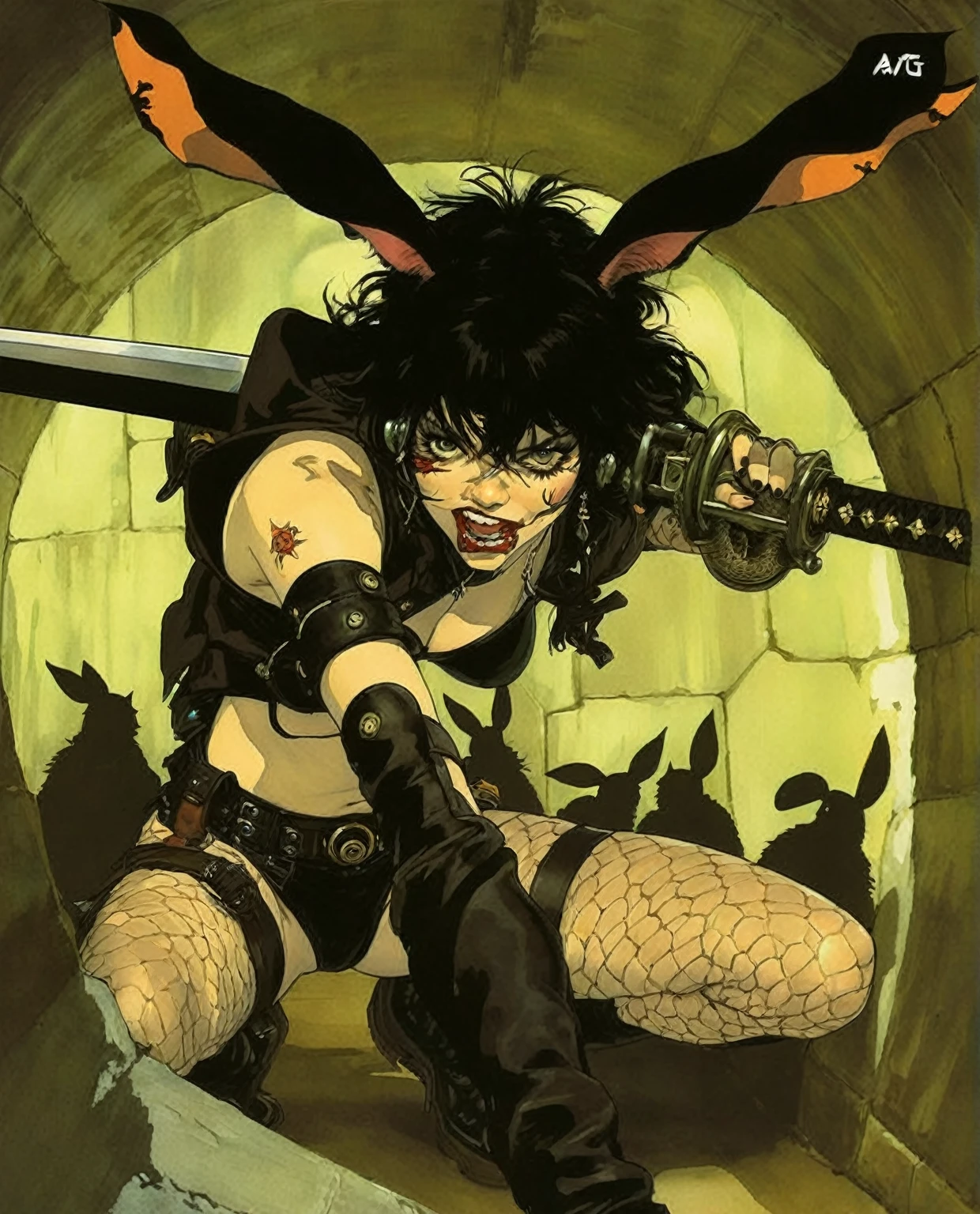 a close up of a woman with a sword in a tunnel, inspired by Masamune Shirow, jamie hewlett art, by Jamie Hewlett, by Masamune Shirow, by shirow masamune, style of masamune shirow, tiefling, inspired by Jamie Hewlett, iren horrors, tank girl