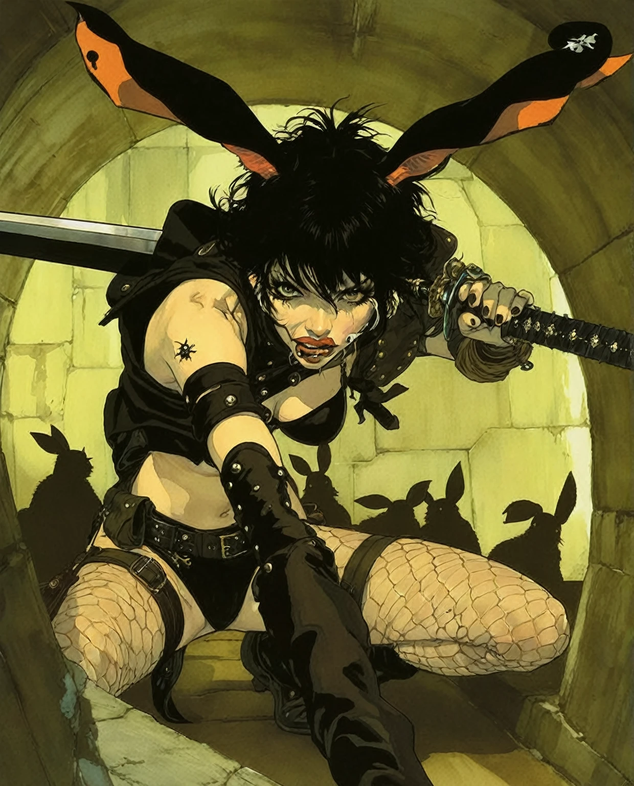 a close up of a woman with a sword in a tunnel, inspired by Masamune Shirow, jamie hewlett art, by Jamie Hewlett, by Masamune Shirow, by shirow masamune, style of masamune shirow, tiefling, inspired by Jamie Hewlett, iren horrors, tank girl