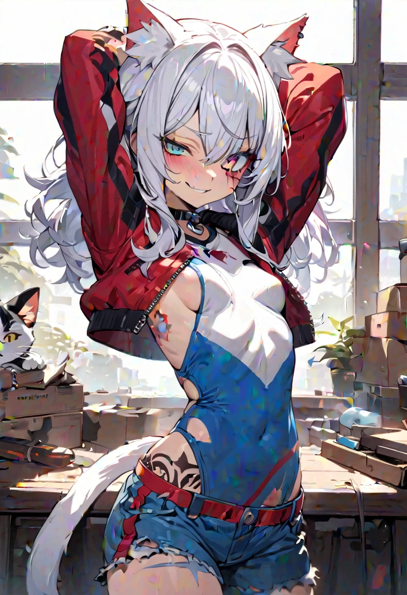 Young girl, long white hair, cat ears, cat tail, multi-colored eyes, heterohromia, left eye purple, right eye turquoise, red learher ripped spike jacket, white tight top, purple print, blue shorts, lot of tattoo, scars, open belly, small breasts, wide neckline, boob window, window in chest, little muscles, smirk, claws, hands behind head, Masterpiece, best quality, Full HD, 8k, ultra details, great graphic
