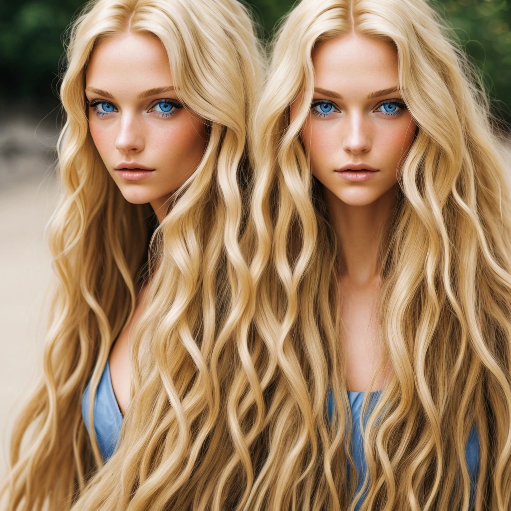 photography of blonde woman with blue eyes, long hair, cheveux long et wavy