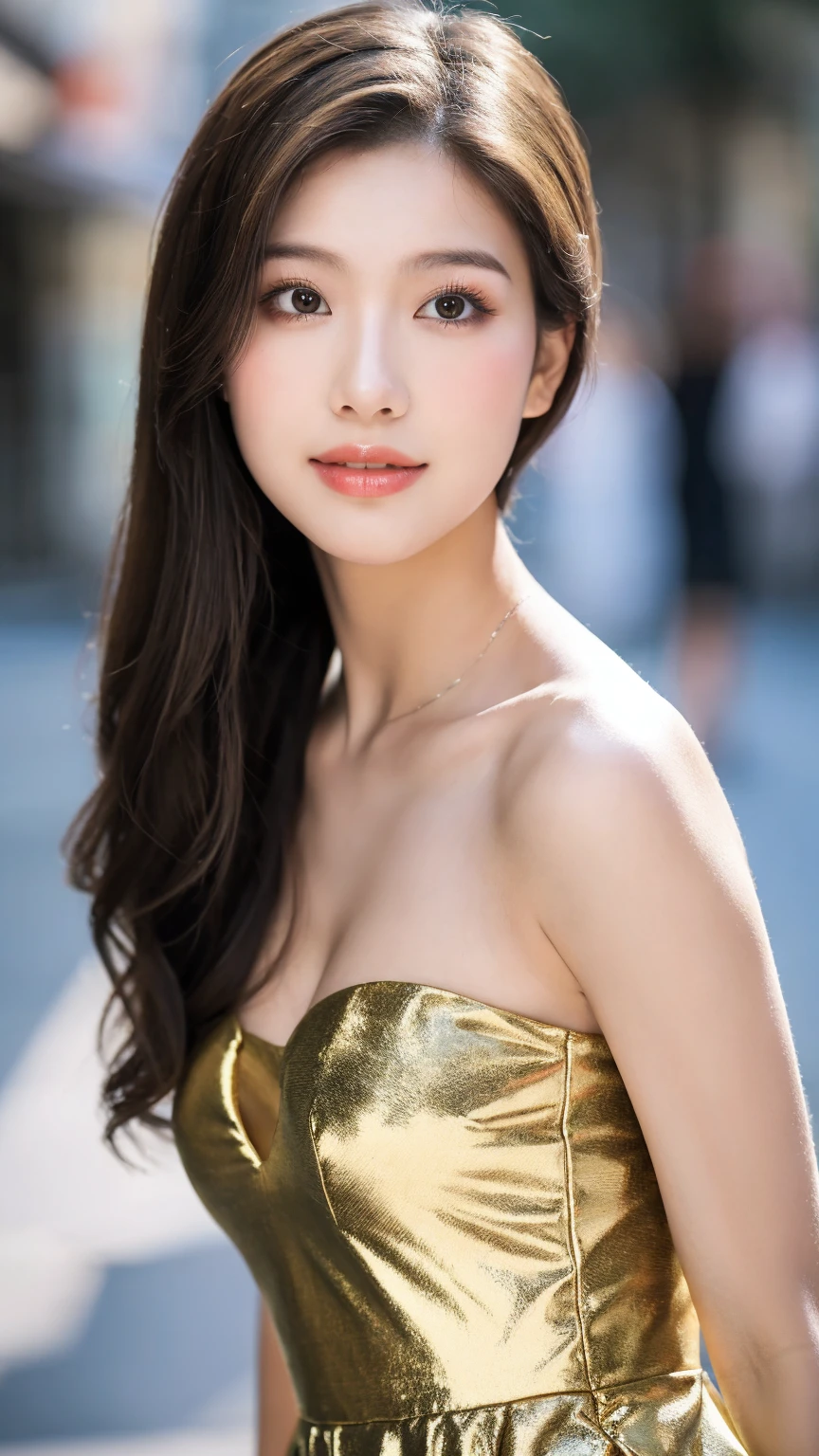 ((Best quality, 8K, masterpiece:1.3))，1girl，18 years old，Asian，Real texture:1.3，(Background blur:1.1)，Gorgeous long dress，Tall and slender figure:1.2，(Hot summer weather)，（street:1.3），Highly detailed face and skin textures，Exquisite eyes，Long eyelashes，Double eyelids，Skin Whitening，happy，Various postures，Big breasts