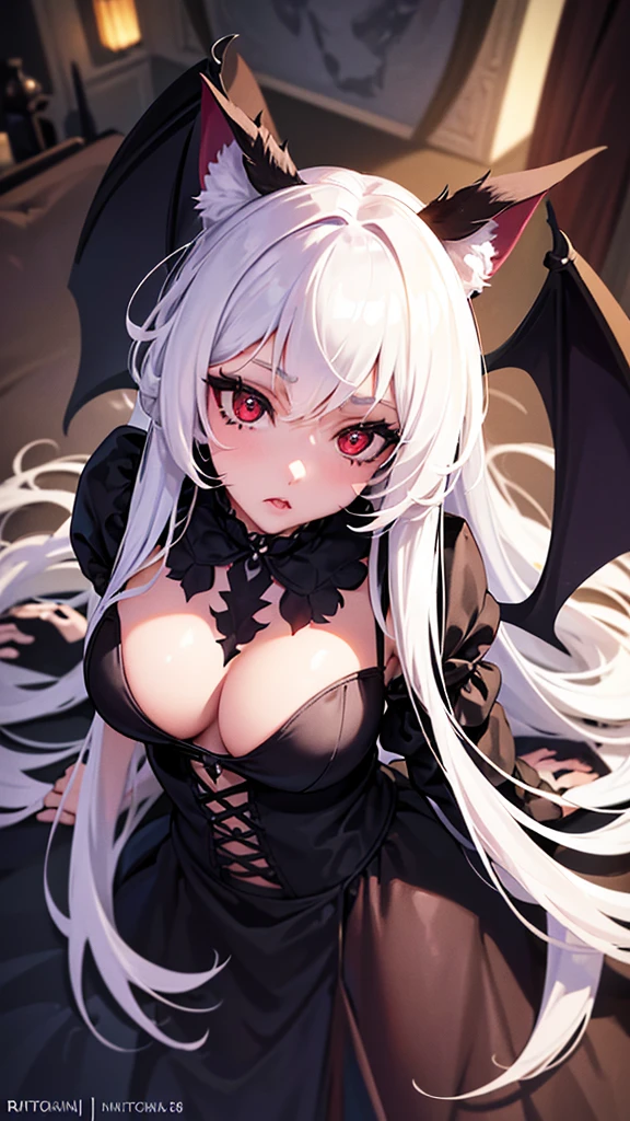 A beautiful girl with cat ears, a furry cat tail, and long white hair, wearing a gothic dress. She has a white furry tail with a brown tip, bat wings, and red eyes. Her slender body has large breasts. (best quality,4k,8k,highres,masterpiece:1.2),ultra-detailed,(realistic,photorealistic,photo-realistic:1.37),1girl, detailed facial features, beautiful detailed eyes, beautiful detailed lips, extremely detailed face and eyes, long eyelashes, elegant gothic dress, furry cat ears, furry white tail with brown tip, bat wings, red eyes, slender body, large breasts, fantasy, dark fantasy, gothic, detailed background