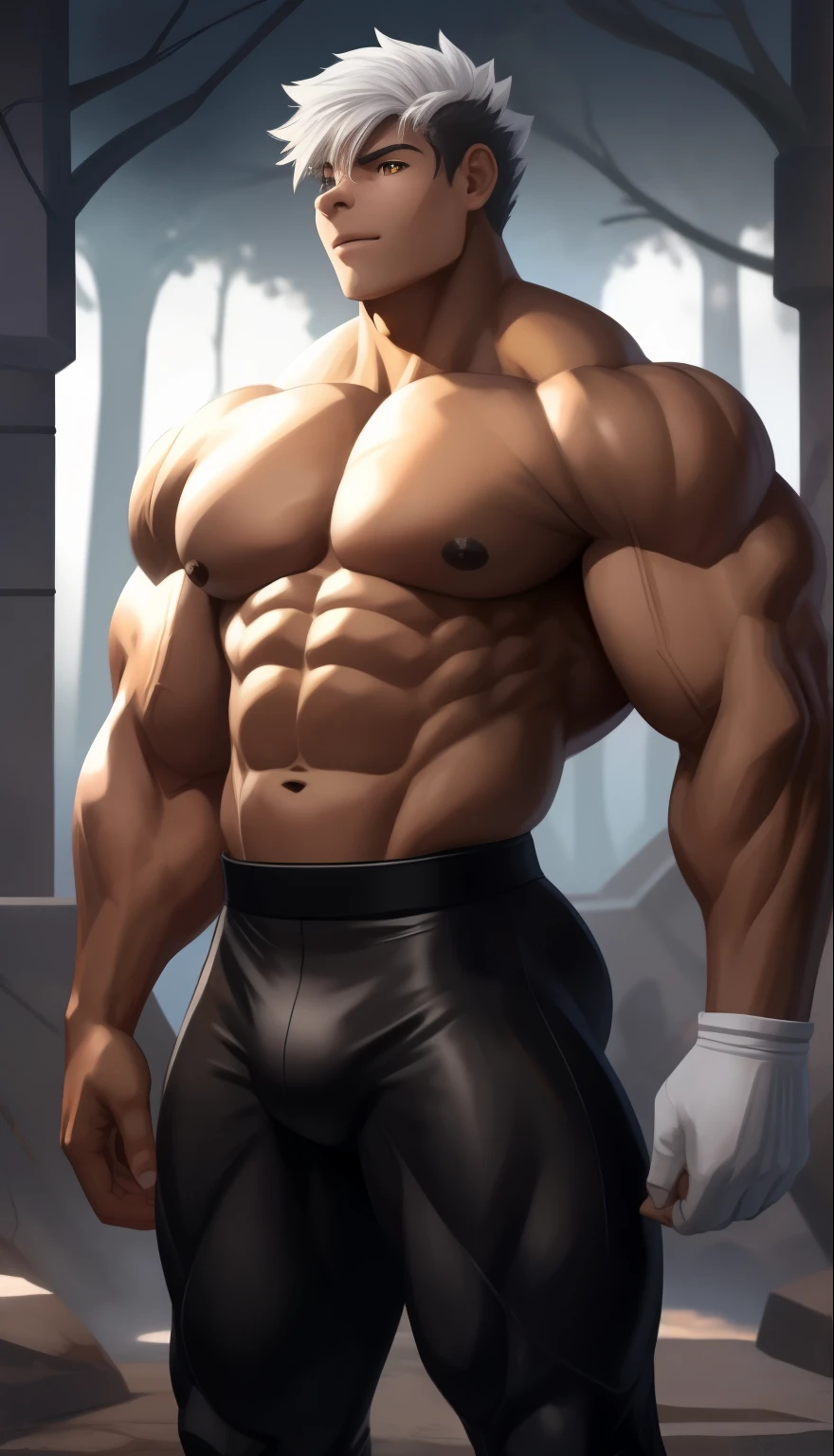 A ( face) 15 year old teen (15 yearsttractive boy, standing, full body. Mexican ethnicity. tanned skin, silver white hair, short hair bangs that fall on both sides of his youthful face. carefree expression, young man, alone, marked muscles, beautiful musculature, aesthetic stretch marks, inspiring physique, slender muscles, square pecs, beautiful V-cone, excellent abs and torso, chiseled abs, pectorals chiseled, perfect massive muscles, inflated muscles, voluminous pectorals, massive muscular body, a huge gigantic chest with a narrow waist, huge shoulders, ridiculously well-shaped large pecs, eight chiseled abs, (very toned and huge) with his military haircut and voluminous neck, narrow waist, golden eyes, young face, beautiful, young. Teen muscular young builder with extraordinary and firm back, chiseled muscles, rhomboid muscles, latissimus dorsi. Gigachad. he wears a Use Vegeta's training suit. A tight one-piece suit from the neck to the ankles, black in color, the suit has no sleeves, it does not use a belt. The black shirt and pants are a single piece of clothing, the shirt has a U neck, has no sleeves and highlights his prominent abdominals and pectorals. He doesn't wear a belt. His muscles stand out. He wears white gloves on his hands, and white boots. Ruins of a Jedi temple with forest background. standing, full body. (((Back))) huge firm muscular thighs, round buttocks and round butt with back, huge ass ((firm buttocks)) with big booty. (((black clothes)))
