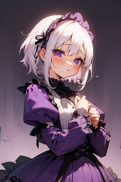 Short white hair, blush, Headbang 2.、cute、Beautiful woman、Stylish Gothic ta、Purple clothes、、Braiding、Background Paris、