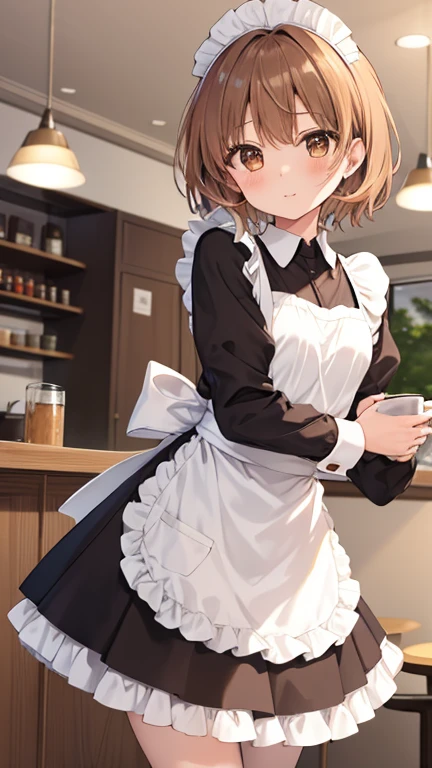 1 Girl, alone, Girl and Tank, nishizumi miho,  Brown eyes, Brown Hair, short hair, (Maid clothes:1.4),Mouth closed,Happy,indoor, Cafe、とても大きなchest、Expose&#39;chest、Naked&#39;chest、Place the box on the tray