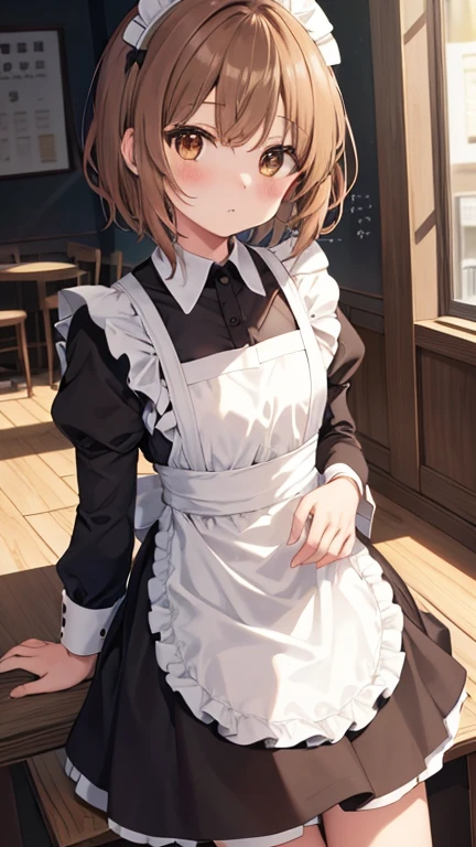 1 Girl, alone, Girl and Tank, nishizumi miho,  Brown eyes, Brown Hair, short hair, (Maid clothes:1.4),Mouth closed,Happy,indoor, Cafe、とても大きなchest、Expose&#39;chest、Naked&#39;chest、Place the box on the tray