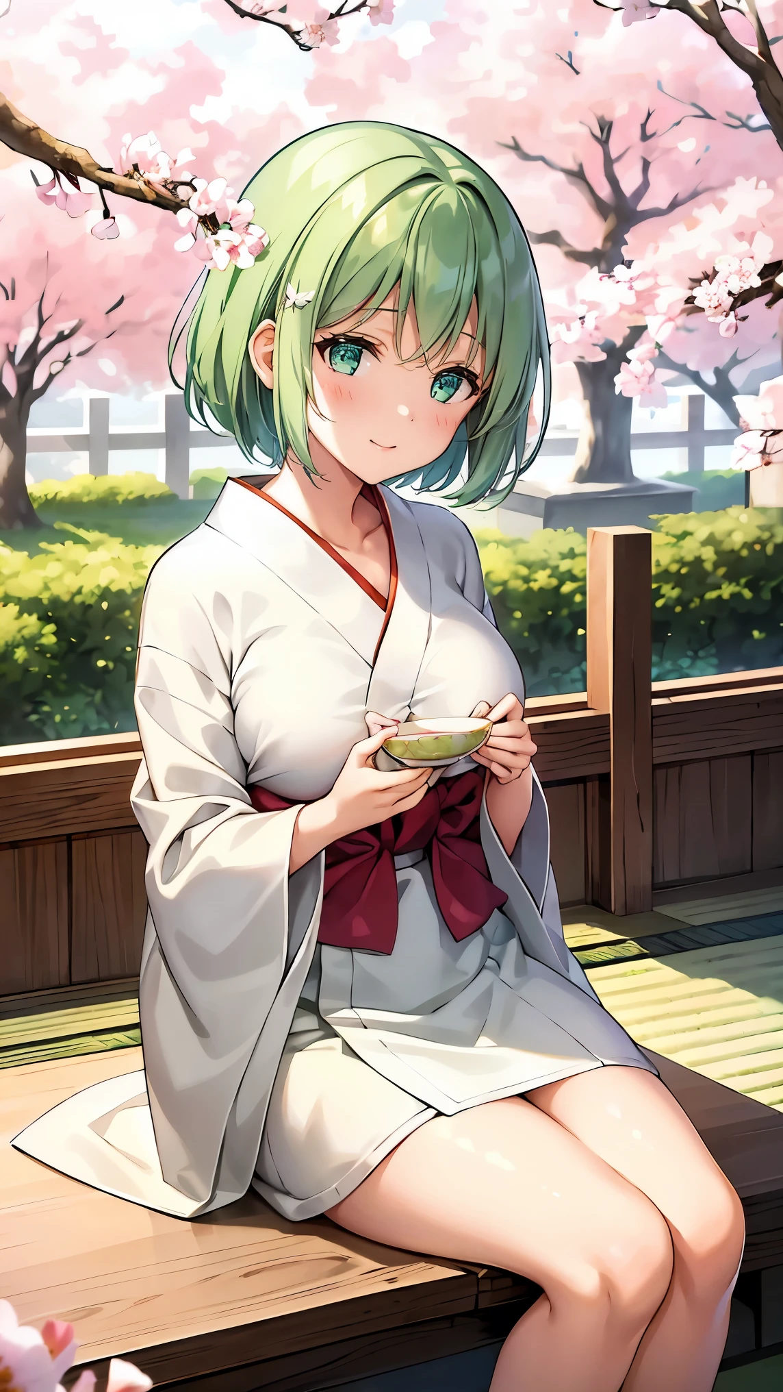 Girl with short green hair, Small breasts, Green Eyes, White Casual Wear Beauty Special、(((tits))),Full body photo from head to toe、Kimono、Patterned Japanese clothing、Cherry tree in full bloom、Fluttering petals、Tea Ceremony、Graceful Manners、Tea party、Chatting in a Japanese-style room