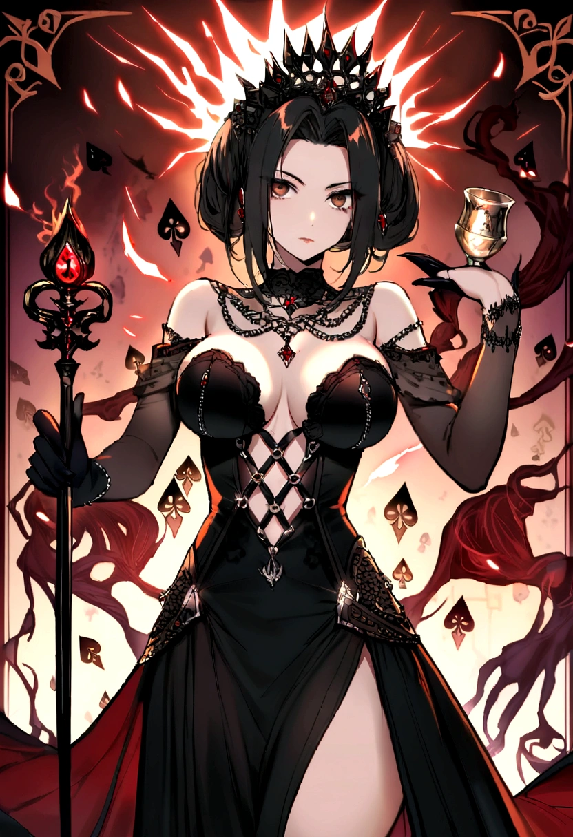 Queen of spades pattern design,poker,Draw an image of an aristocratic woman, Alabaster skin and brown eyes that exude a brutal aura., She wears a sinister tiara studded with dark jewels.,(D cup breasts),Wearing a sexy dress, She holds a scepter decorated with evil symbols, Violent and Disastrous々A strong, malicious royal aura.