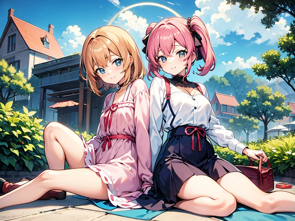 Anime couple, beautiful noon sky, anime couple sitting on carpet, cute anime girl, girl, short girl