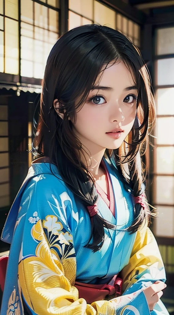 (Realistic)、(Realistic:1.2)、(High resolution)、Very detailed、Very beautiful face and eyes、1 girl、Delicate body、(highest quality、Attention to detail、Rich skin detail)、(highest quality、8k、Oil paint:1.2)、Very detailed、(Realistic、Realistic:1.37)、Bright colors、Full Body Shot,black_hair, Beautiful 8k eyes,Looking_in_Audience,One person in,Are standing,((Very beautiful woman, Fuller lips, Japanese pintern kimono))、((Colorful Japanese kimono)))、(((blackhair)))、(((Blunt bung,long straight hair)))、((( Inside an old Japanese house with a (short focus :1.4),)))、(masterpiece, highest quality, highest quality, Official Art, beautifully、aesthetic:1.2),(Fractal Art:1.3),Sengoku period、Greg Rutkowski Written by Alphonse Mucha Ropp,short ,uchikake,nishijin ori,(realistic light and shadow), (real and delicate background),(muted colors, dim colors, soothing tones:1.3), low saturation, (hyperdetailed:1.2), (noir:0.4),drow,blurry_light_background, (vibrant color:1.2), cinematic lighting, ambient lighting,Single Shot,Shallow Focus,pink lip,blurry light background,