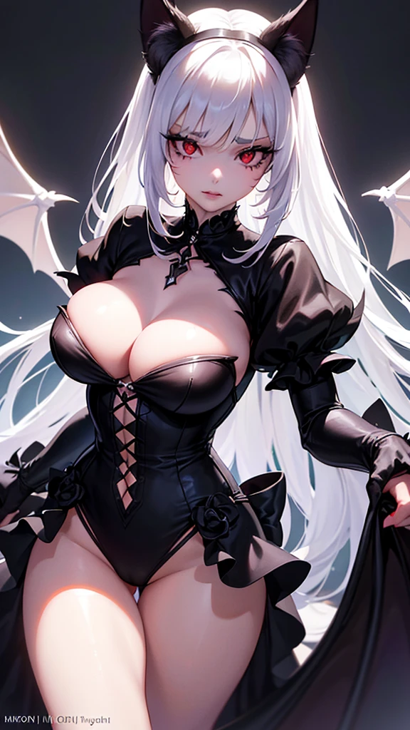 A beautiful girl with cat ears, a furry cat tail, and long white hair, wearing a gothic dress. She has a white furry tail with a brown tip, bat wings, and red eyes. Her slender body has large breasts. (best quality,4k,8k,highres,masterpiece:1.2),ultra-detailed,(realistic,photorealistic,photo-realistic:1.37),1girl, detailed facial features, beautiful detailed eyes, beautiful detailed lips, extremely detailed face and eyes, long eyelashes, elegant gothic dress, furry cat ears, furry white tail with brown tip, bat wings, red eyes, slender body, large breasts, fantasy, dark fantasy, gothic, detailed background