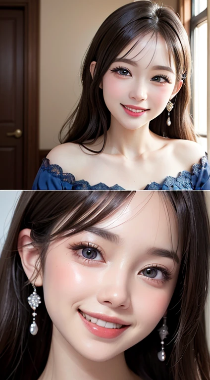 (UHigh resolution, retina, masterpiece, Accurate, Anatomically correct, Textured skin, Super detailed, Attention to detail, high quality, 最high quality, High resolution, 1080P, High resolution, 4K, 8K, 16K), (美しいAttention to detail目, Beautiful lip detail, Highly detailed eyes and face), Soft lighting, Physically Based Rendering, Vibrant colors, (Large Breasts, Glamorous Body), (Royal Blue, Lace dress, Mini Dress), (Portraiture, Shiny Hair, Shiny skin, blush), (Bokeh), Eye Reflexes, (Smile and laugh:1.5),