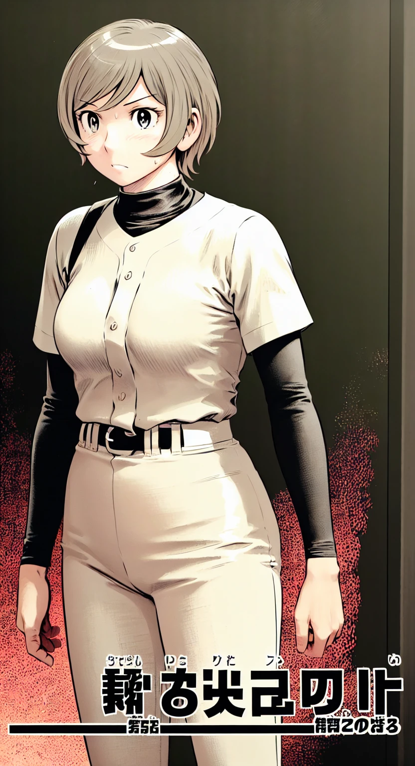 (野球uniform:1.2),
Blonde Hair, (short hair:1.2),Long sleeve, Black Shirt, turtleneck,White trousers、uniform、Black belt、((Illustration of people))、Big 、
View Audience,, (Highest quality:1.3),One Girl, White pants、uniform、Outdoor、baseball ground、ground、soil、blue eyes、Tight black shirt、(masterpiece、Highest quality)、Highest quality, Ultra-high resolution, (((masterpiece))), alone, Sweat、Big eyes、Big Breasts、One Girl, Front view、Embarrassed face、Bronze colored hair、((short hair))、Stand up straight