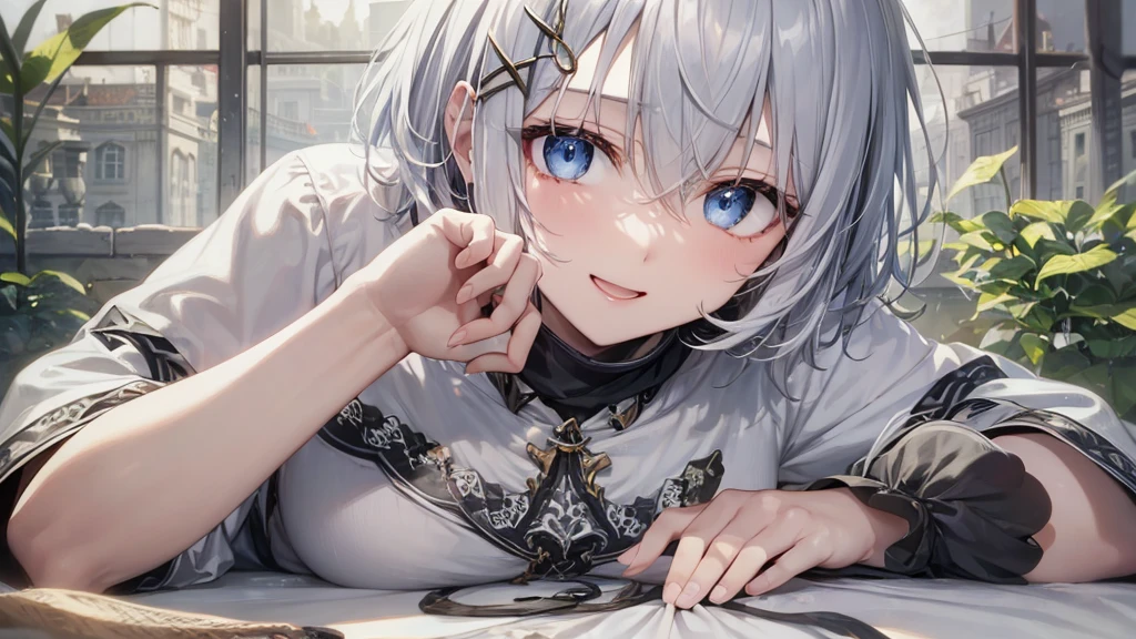 Her eyes were shining、Mysterious and enchanting atmosphere。With AI Painting、とてもShort Hair, Long bangs between the eyes, Grey Eyes , Very detailed,(masterpiece、Highest quality)、alone、Gray Hair、Fantasy, Silver Hair, Beautiful Eyes,Ecstasy, charm, attract the audience, Fantasyな風景、White shirt、smile、Open your mouth、Scarf、short hair、Short Hair、hairpin、Dark Eyes、Anime Eyes、Beautiful eyes、Eyes written in detail