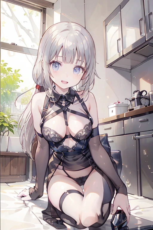 (RAW photo:1.2,(Curve,Model,glamor:1.5),Beautiful breasts,(from below:1.2),(from side:0.9), ((Face)), (Close-Up:0.4), (real、photorealistic:1.4)、(RAW photo:1.2),highest quality,(masterpiece),(((Whole body image))),(a 18yo girl), (Highly detailed face),Slightly round face, (Tan brown face:1.0), Boyish beauties, beautiful face, Beautiful lips,Baby Face,(Big eyes),((black,hair,long pony tail hair)),cute,lovely,(strong silver hair:1.2),(blunt bangs),(Brown skin:1.0),nice companion,delicate body、thin legs,beautiful black dress,black gloves, black thighhighs, white panties,(double breasted,under bust:1.2)in the kitchen,Sexy thighs,During a break,sit on the ground,The way the light shines is beautiful, Beautiful buttocks,(with sparkling eyes and a contagious smile),little open mouth,black suspenders,Bulging big,breasts,narrow waist,(with sparkling eyes and a contagious smile),her thin pubic hair, looking at viewer,