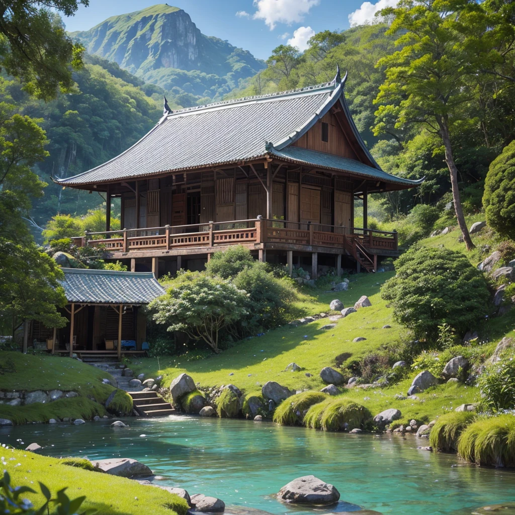 a Malay wooden cottage on the top of the grass hills, a shallow crystal clear small river near the hill. some flower bushes grows near the mossy stones along the river, mountain, blue sky,