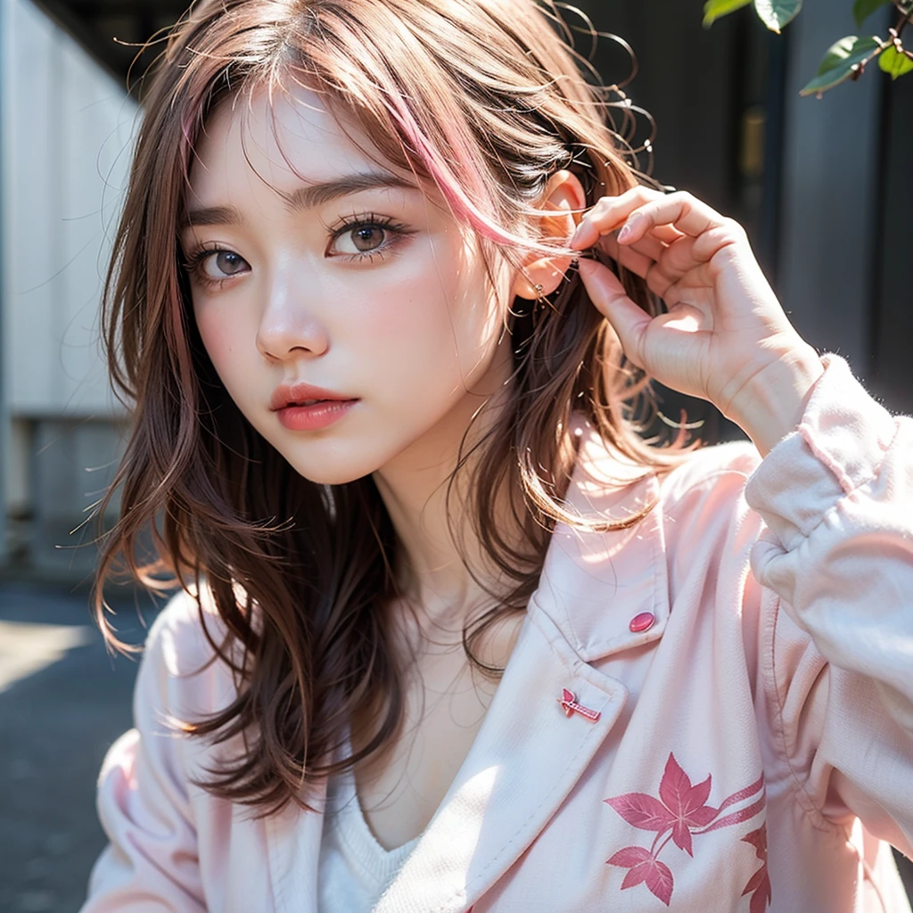 alone,Japanese,Bob Hair,Light pink hair, Pink Eyes, Pink and white, Cherry leaves, Vibrant colors, White jacket, Paint splashes, Simple Background, Ray Tracing