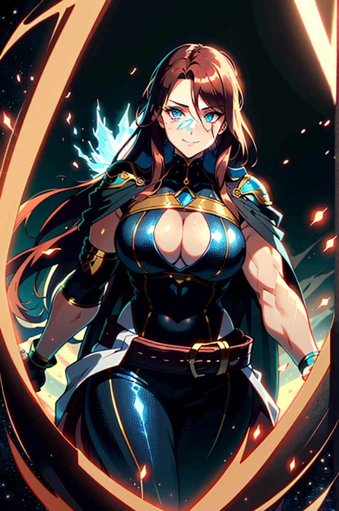 A man with long reddish-brown hair, wearing a red sash, an Eastern European face, deep, confident eyes, a confident smile, a red elongated totem mark on his face, A tall and strong physique, He wears a fantasy-style overlord costume, a thick bluish gold breastplate, a tight black t-shirt, a huge cloak with heavy metal decorations, This cloak covers most of your body, heavy red and blue thick gauntlets, a metal belt with a long, thick skirt-like hem, black pants, metal leg protectors that match the gauntlets, He steps into space with an inspiring presence, red energy, blue and green surrounds you, rot, blue and green Power surrounds you, white frost swirls around him, blue ice around you, fogo rot ao seu redor, Purple lightning around you, This character embodies a finely crafted fantasy-style overlord in the anime style, Characterized by an exquisite and mature manga illustration art style, High definition, best qualityer, high resolution, ultra detali, ultra-fine painting, extremely delicate, proffesional, anatomically correcte, symmetrical face, extremely detailed eye and face, high quality eyes, creativity, CRU photo, uhd, 8K, naturallight, cinematic lighting, work of art:1.5