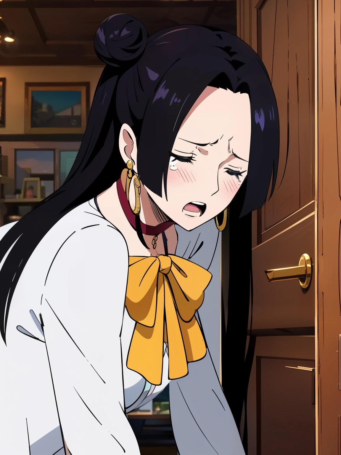 michishio_kantaicollection, twintails, double_bun, hair_bun, short_twintails, light_brown_hair, brown_eyes, blush, bow, yellow_eyes, dress, green_bow, green_bowtie, pinafore_dress, shirt, white_shirt, bowtie, (small breasts, little body), (short stature:1.2), 1 little gilr , solo, looking at viewer
BREAK
(sfw:1.3), have to pee, hand between legs, leaning forward, pigeon-toed, (trembling:1.2),
BREAK
(anger), (crying), (blush), (open your mouth:1.3), wavy mouth
BREAK
official art, best masterpiece, best quality, best resolution, 8K, best detailed, highly detailed hands, highly detailed fingers, very detailed mouth, perfect anatomy
BREAK
(door, workroom), dust, dust, light particles, very fine and detailed 16KCG wallpapers