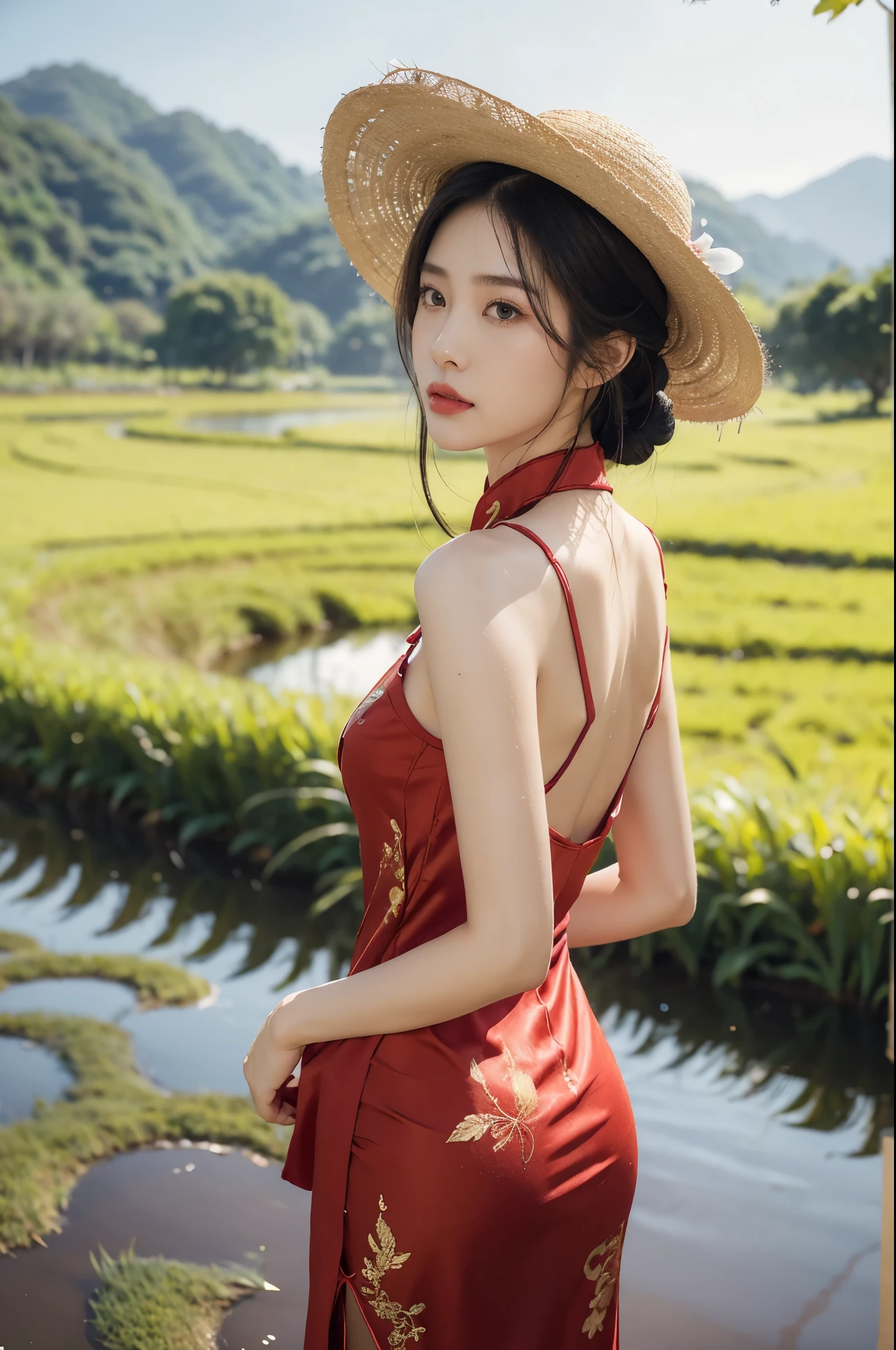 (((best quality))),(((ultra detailed))),(((masterpiece))),illustration,1 beautiful girl,slim,straw hat,shiny skin,black skin,sweat,wet,bare back,short Embroidered red cheongsam,collar,bare arms,pantyhose,standing in the Paddy pool filled with Rice seedlings,upper body,elegant, clear sky, sunlight, dreamy, contrast, natural,Chinese rural landscape,The body below the neck is in water,from back,towering hips,butt crack