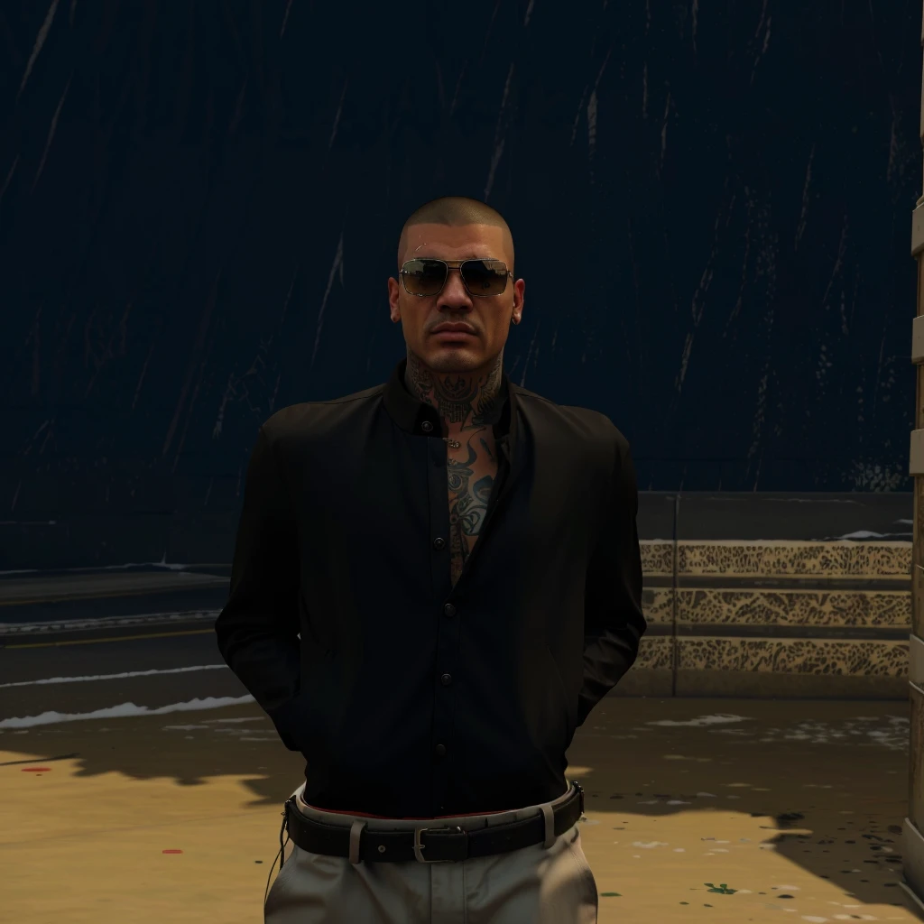 there is a man standing in the snow wearing sunglasses, gta 5 artwork style, style of gta v, gta v character, gta 5 mexican skin tone, realistic artwortk stlye, a member of a latin-american mafia, cool, bulldog vibe, semi-pro boxer, snob, ultra high quality, cinematic colors, realistic things, tattoos on the face and on the body, slim chad face, buzzcut, dangerous attitude, VISIBLE DRAGON TATTOO AROUND THE RIGHT EYE, DRIP TATTOO UNDER THE LEFT EYE, mafia style, latin-american mafia boss, OLD MONEY DRESSING STYLE