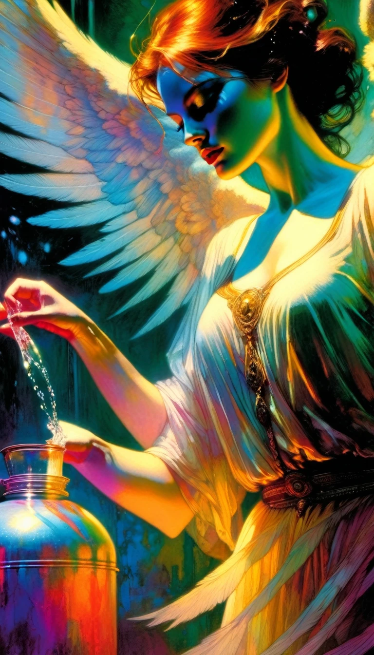 angelic woman, passing water from jug to jug, Bill Sienkiewicz, vibrant colors, intricate details, oil painting, photorealistic, 8k, highly detailed, cinematic lighting, dramatic composition, chiaroscuro, classical realism, gothic, fantasy, magical realism