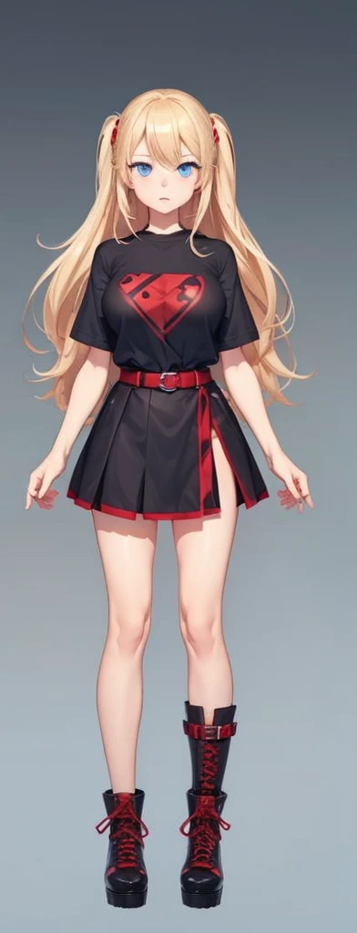 A solo full-body anime vtuber girl with long blond hair, blue eyes, medium breasts, wearing a t shirt, a red belted miniskirt and high boots. With simple background and outlined design to subdivide the body.